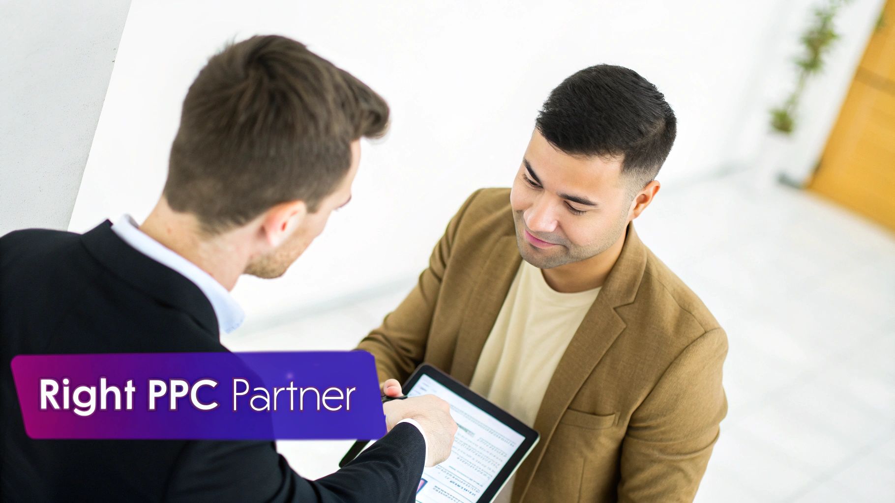 Two business partners reviewing data on a tablet, one pointing, with a 'Right PPC Partner' overlay.