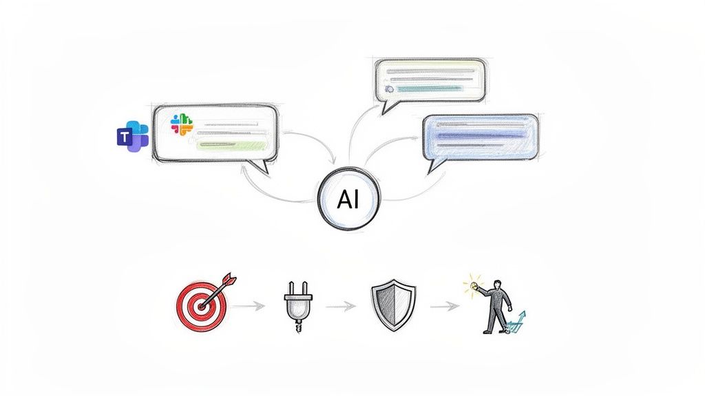 Diagram showing AI interacting with chat platforms like Teams and Slack, leading to target, power, security, and growth.