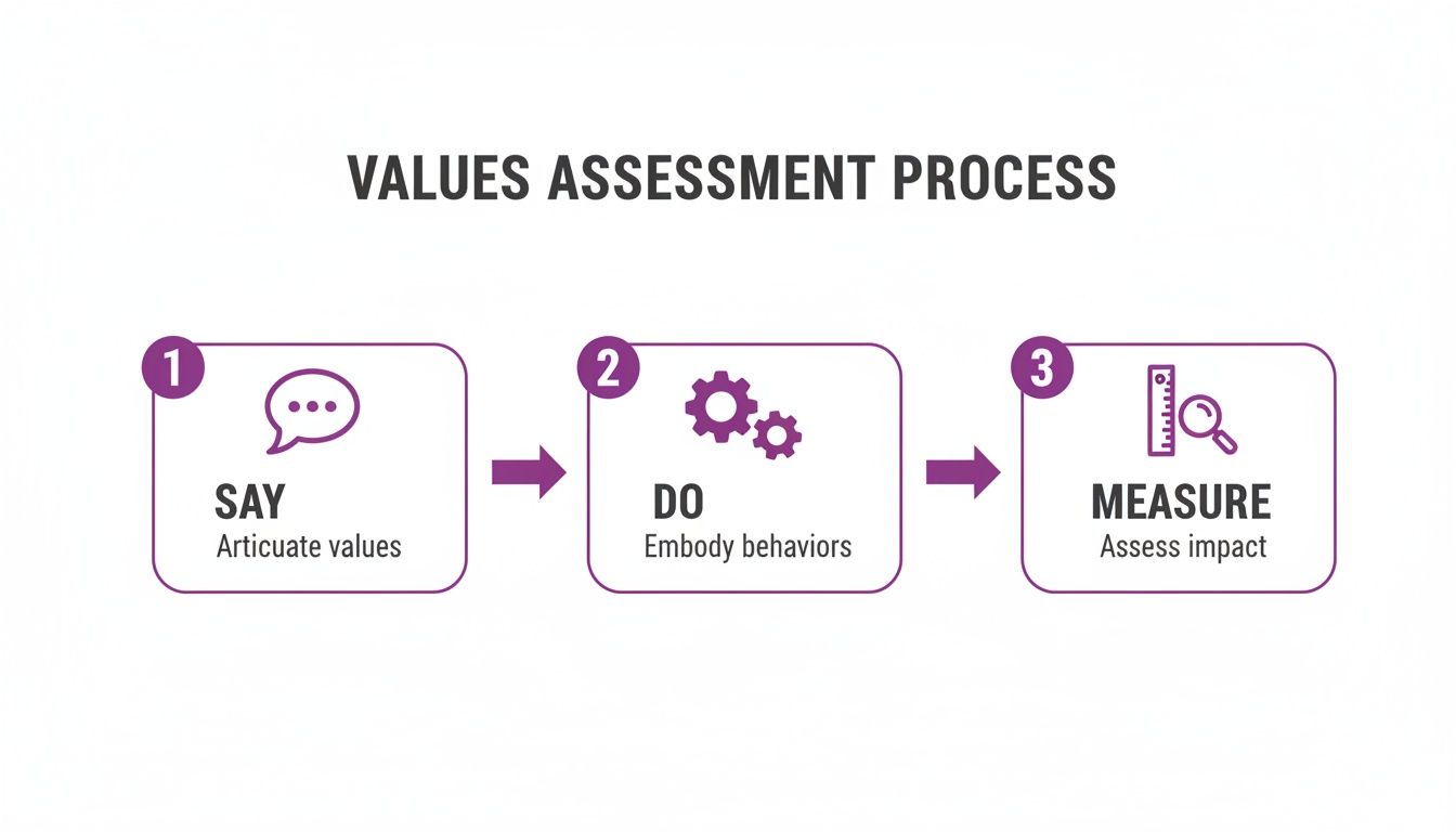 A three-step diagram illustrating the values assessment process: Say, Do, and Measure.