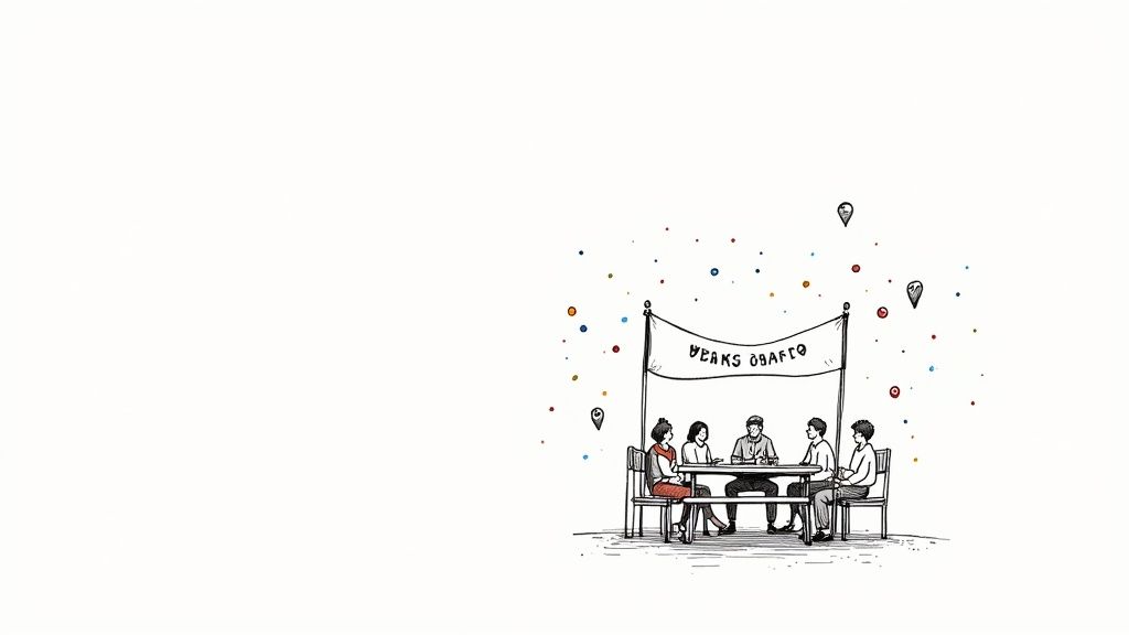 A whimsical illustration depicts five people at a table under a banner, surrounded by colorful dots.