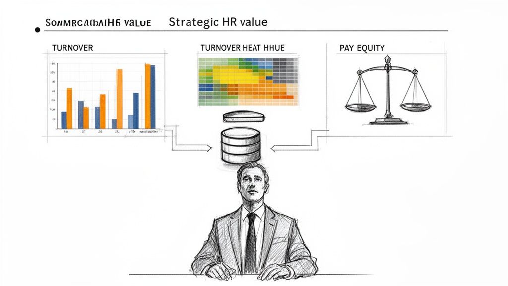 Strategic HR value visual: turnover charts, a heatmap, pay equity scales, and a thoughtful businessman.