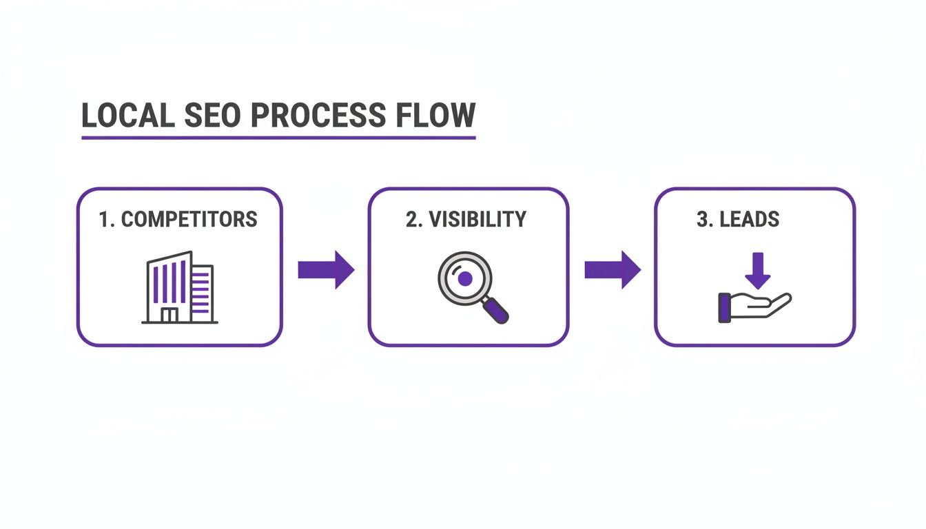 A flowchart illustrates the local SEO process, detailing steps from analyzing competitors to increasing visibility and generating leads.