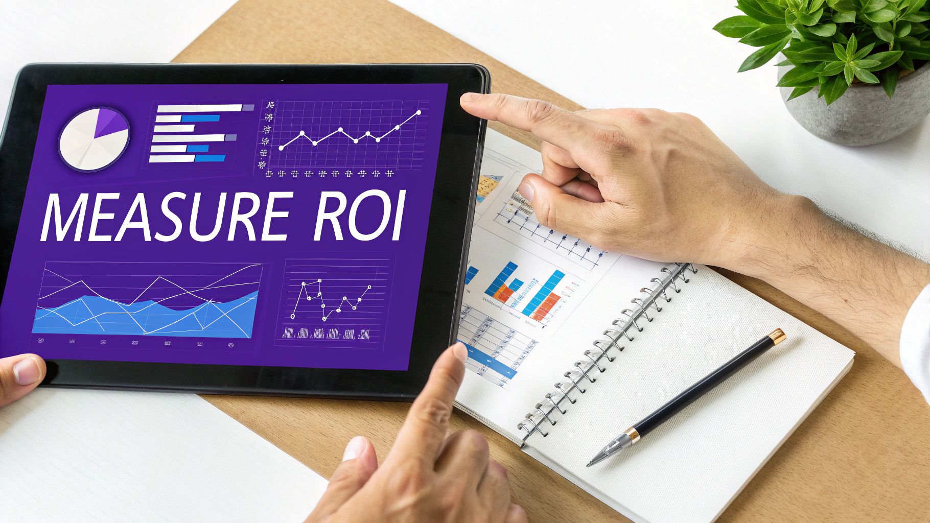 Hands interact with a tablet showing 'MEASURE ROI' and graphs, beside a notebook with charts.