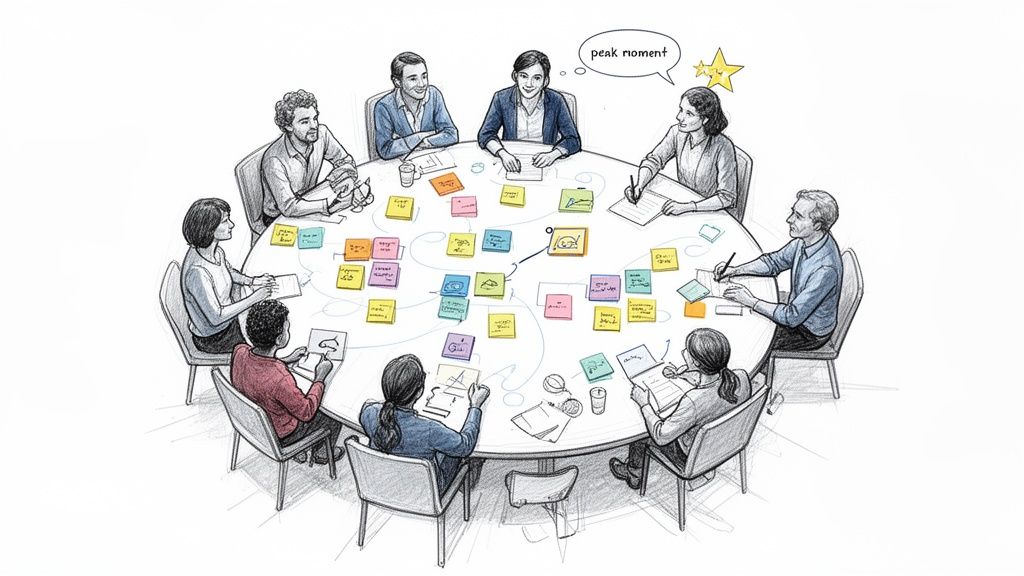 A diverse group of people brainstorming around a table covered in colorful sticky notes, actively collaborating.