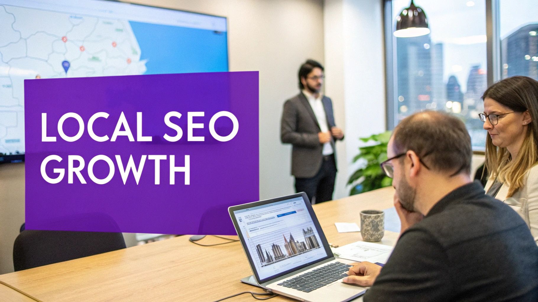 Professionals in an office meeting discussing local SEO growth strategy displayed on a screen and laptop.
