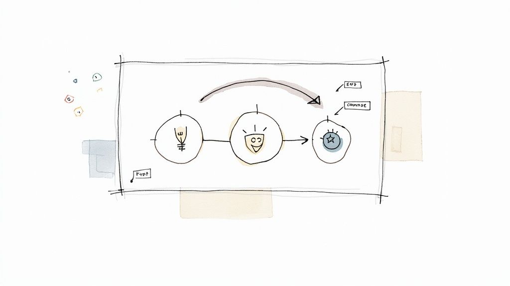 A hand-drawn conceptual diagram illustrating a process from a lightbulb idea to a happy face and a star-eye.
