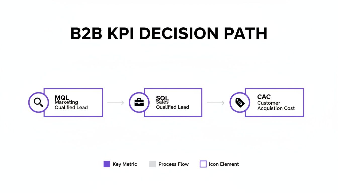 A B2B KPI decision path flow chart showing MQL, SQL, and CAC stages.