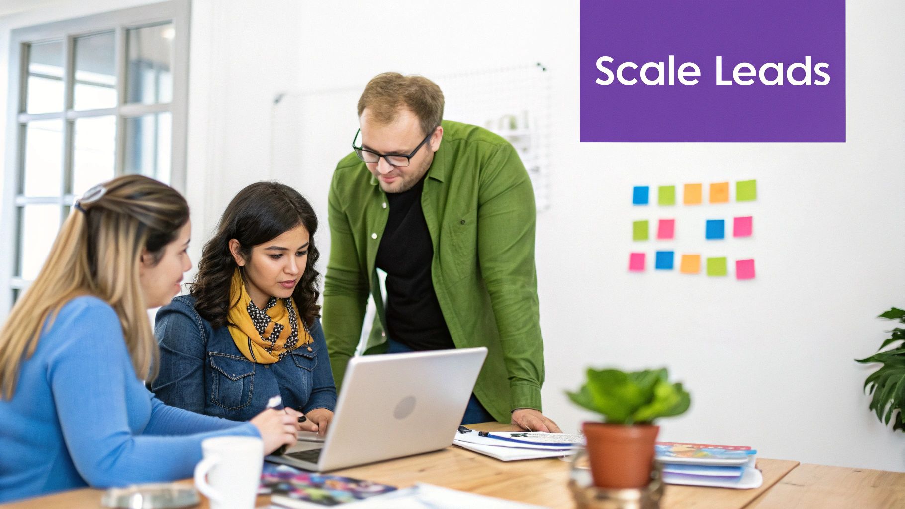Three colleagues collaborate around a laptop in a bright office with sticky notes on the wall.