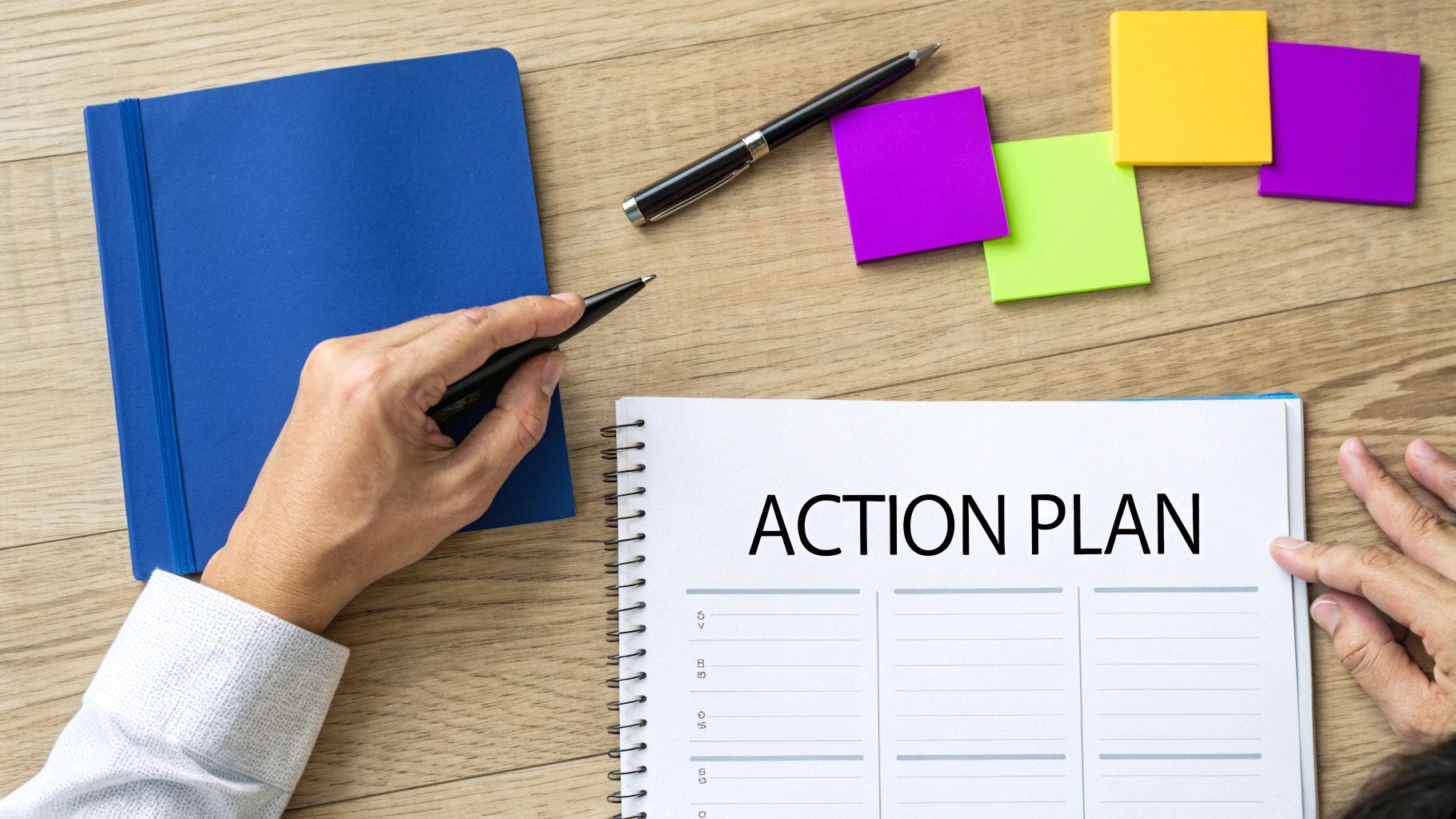A person's hands with a pen poised over a notebook titled 'Action Plan' on a wooden desk.