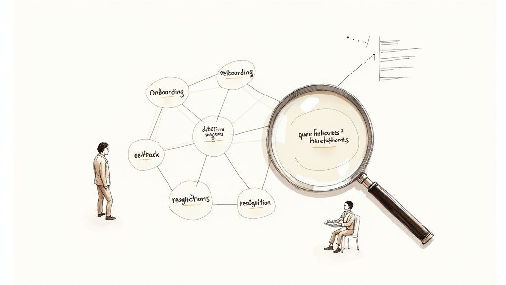 Two men observe a network diagram of interconnected HR concepts, with a magnifying glass highlighting details.