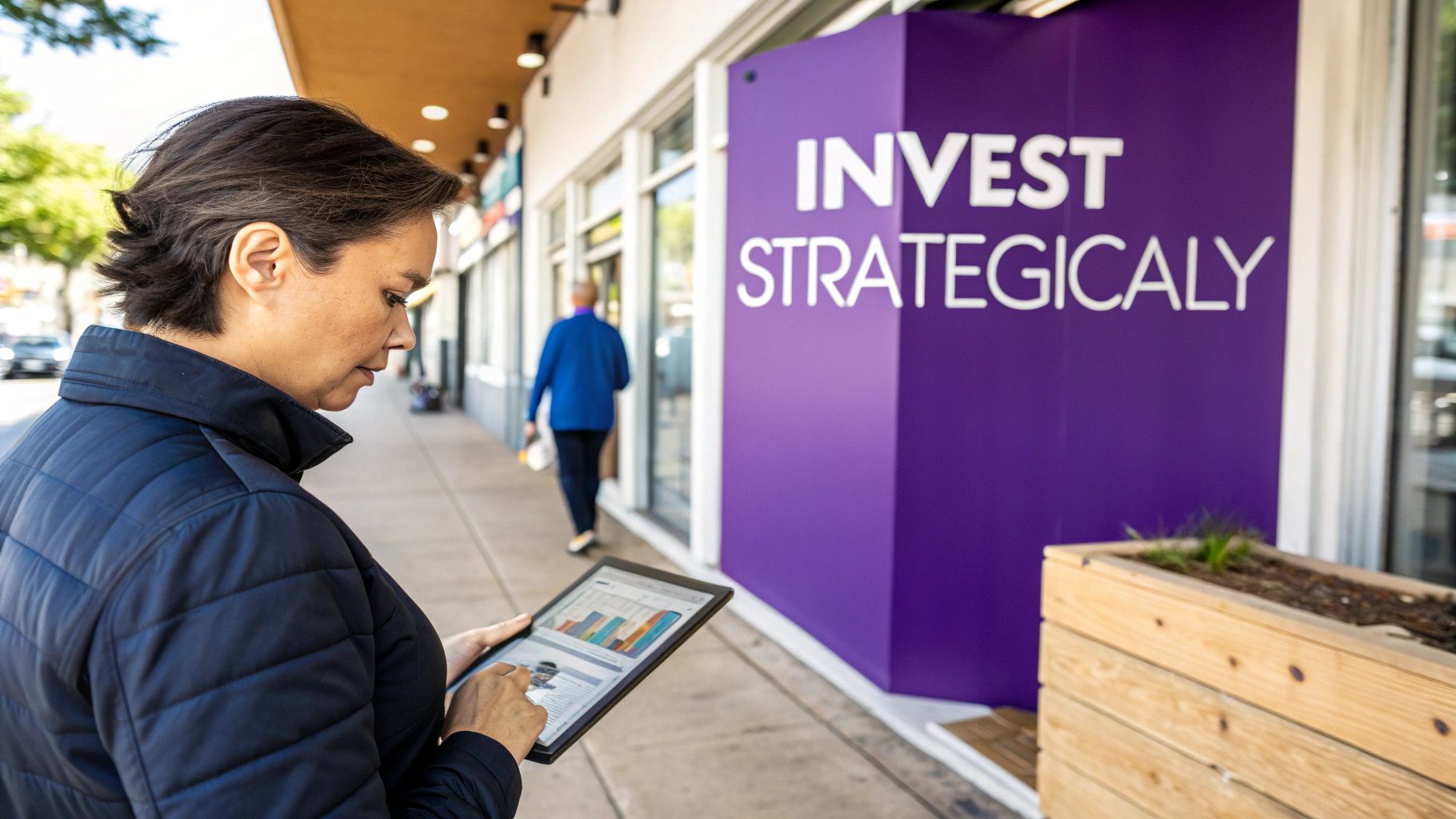 Professional woman reviewing investment charts on tablet near strategic investment marketing sign outdoors