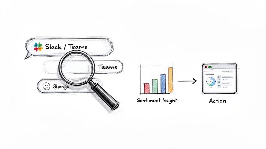 Diagram showing the process of sentiment analysis from Slack/Teams messages to actionable insights.