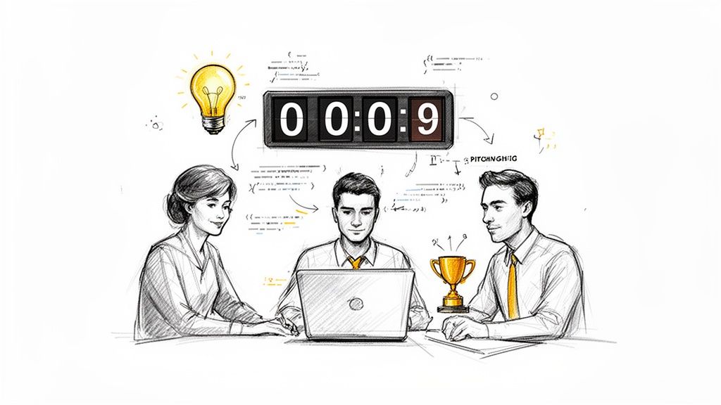 Sketch of a business team brainstorming with a lightbulb, timer, and trophy, signifying an idea pitch.