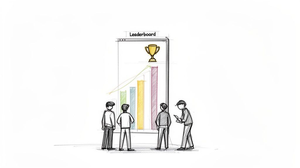 A team views a leaderboard display showing a bar graph, an upward trend, and a golden trophy.