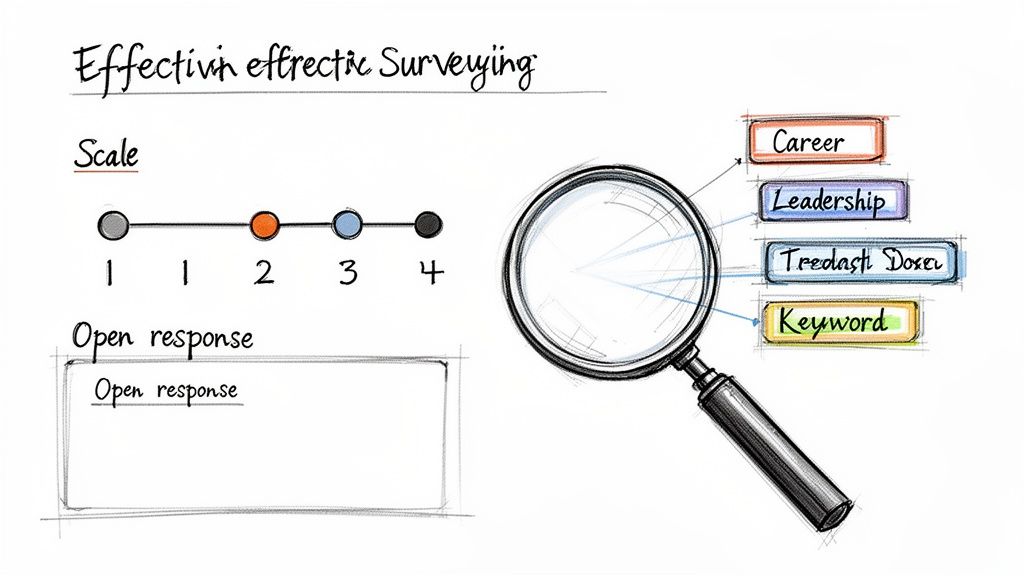 Illustration showing effective surveying methods with a numbered scale, open response field, and keywords like career and leadership.