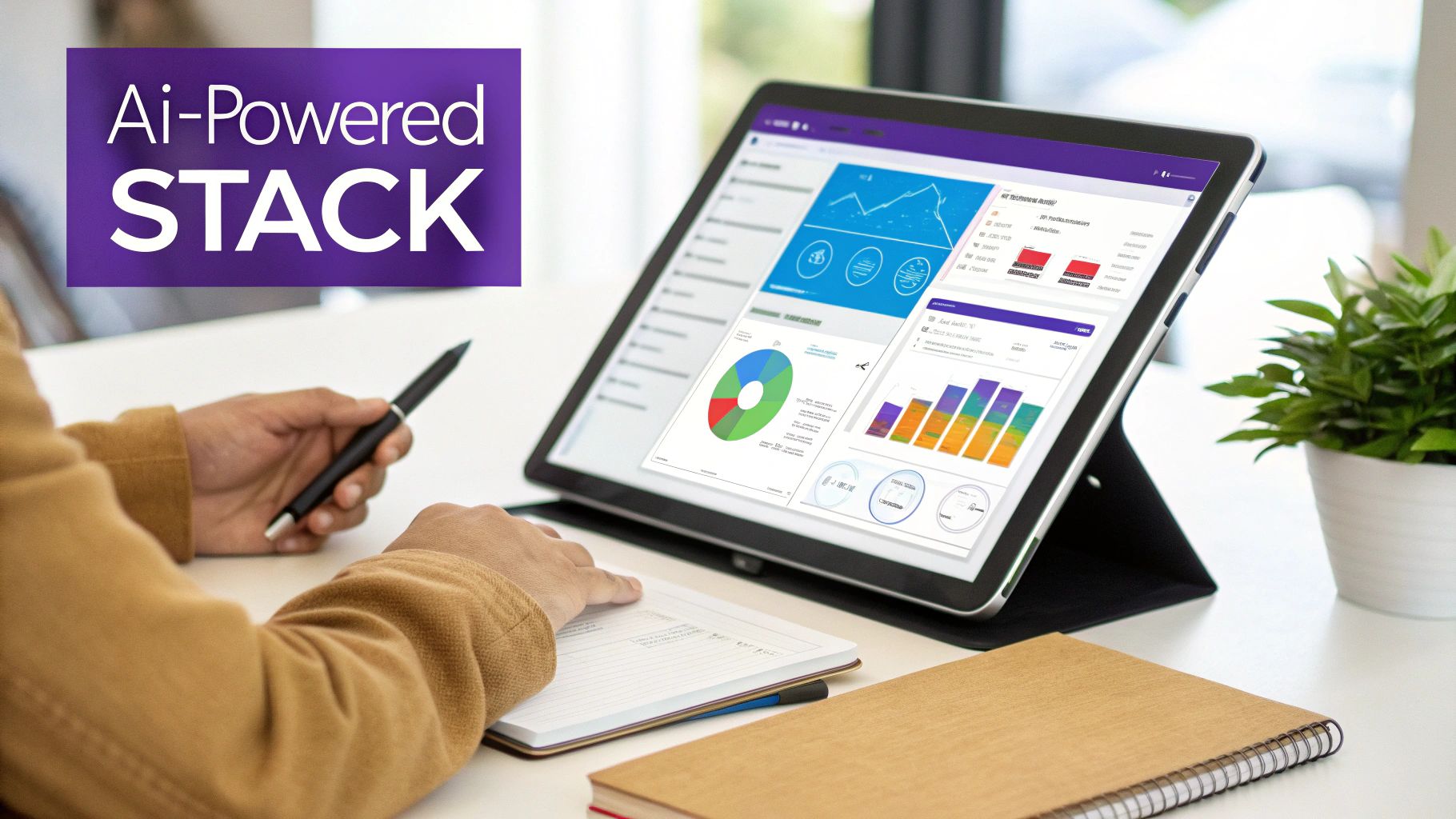 A person works on a tablet displaying AI-powered data analytics, with notebooks and a pen on a white desk.