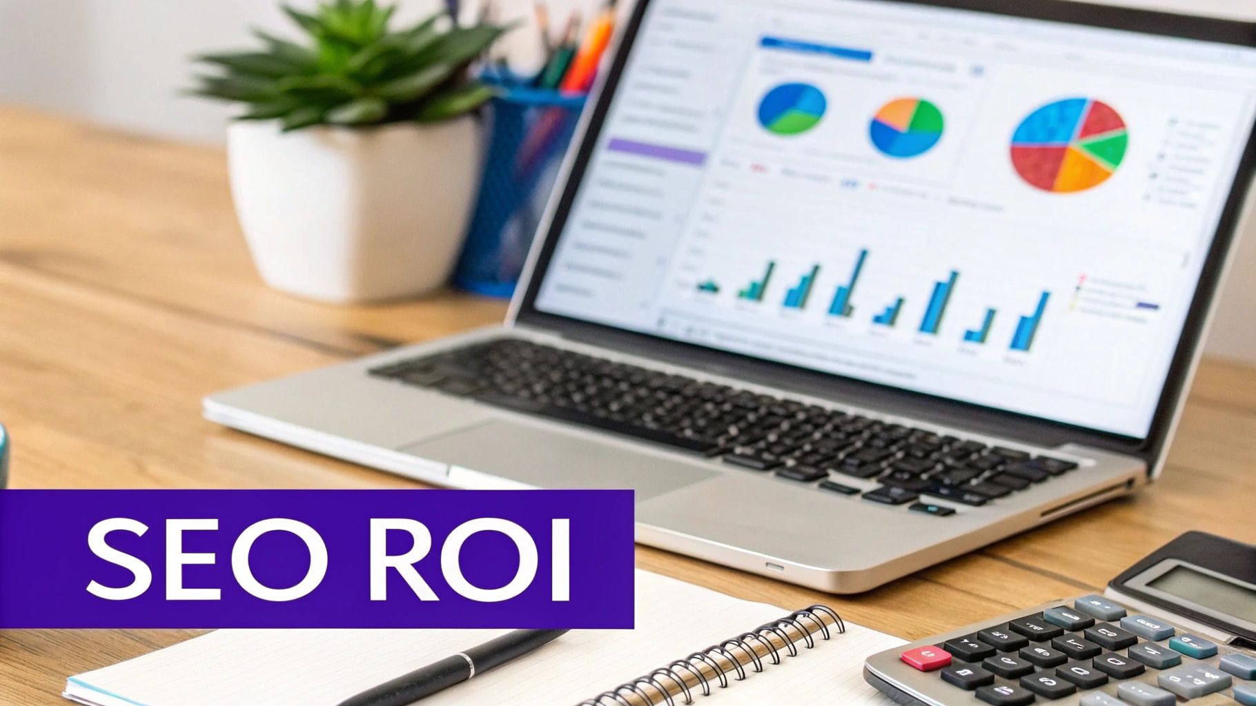 Laptop displaying SEO ROI charts and graphs on a wooden desk with a calculator and notebook.