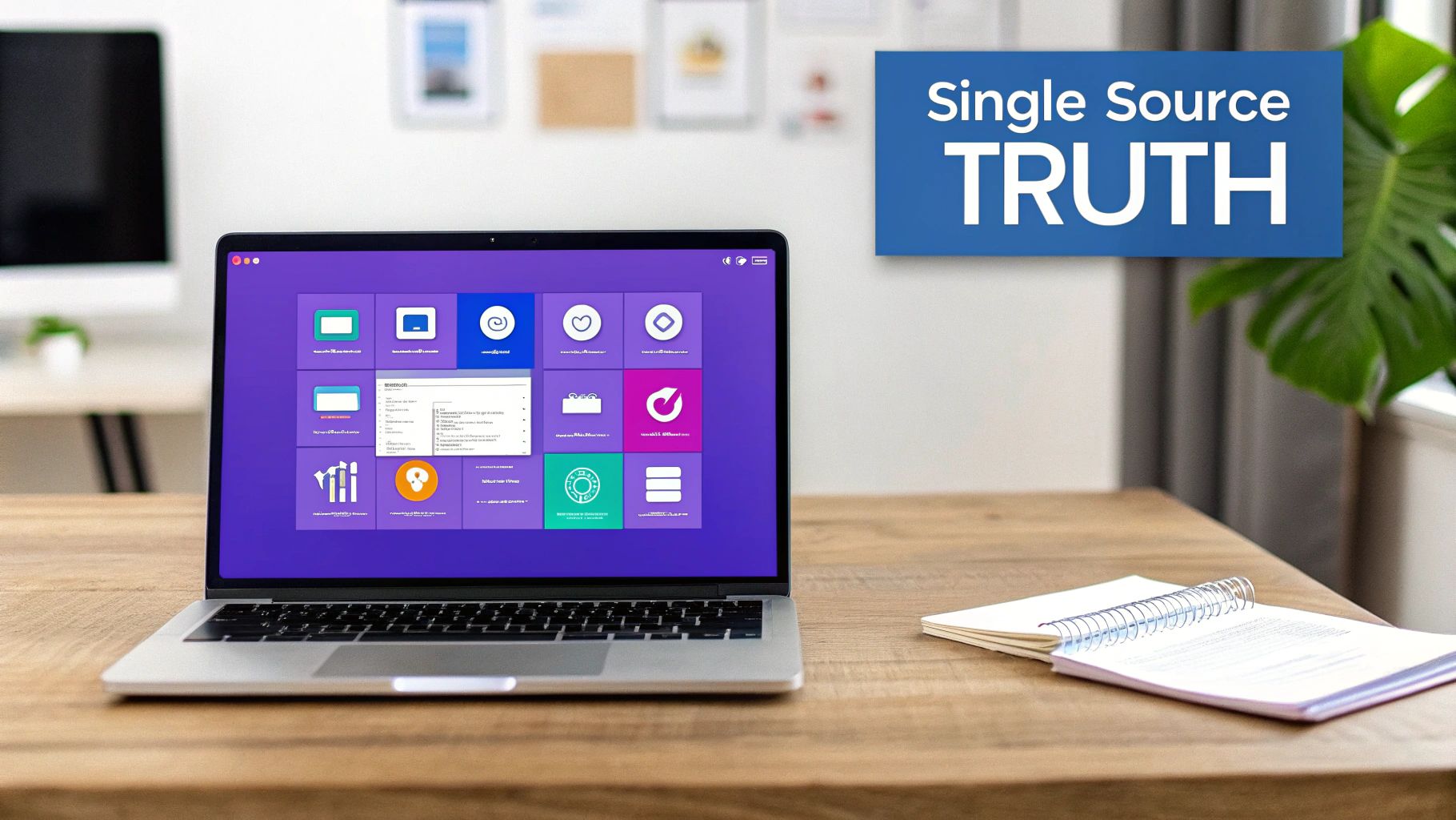 A laptop on a wooden desk displays a vibrant purple digital interface with app icons. A notebook is open next to it, and a 'Single Source TRUTH' banner hangs on the wall.