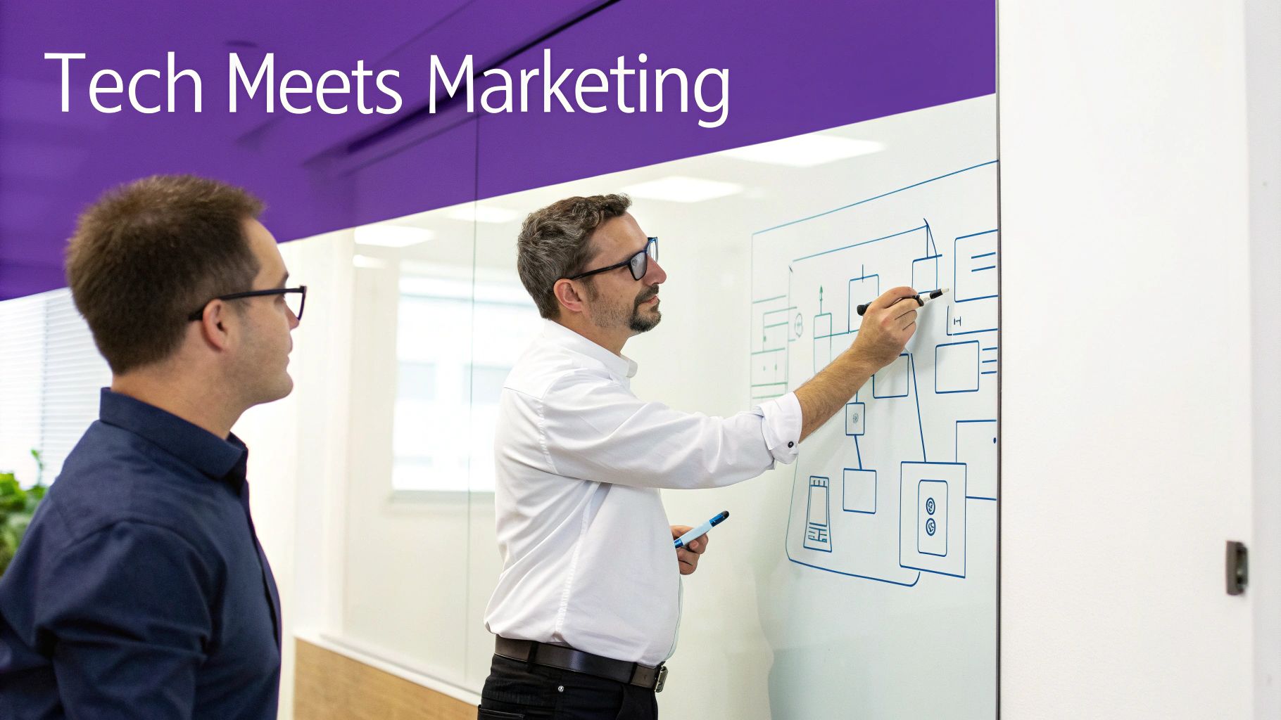Two men discuss a technical diagram on a whiteboard, with 'Tech Meets Marketing' displayed.