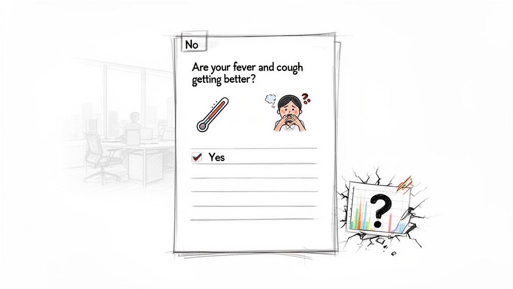 An illustration of a health checklist asking 'Are your fever and cough getting better?' with 'Yes' selected.