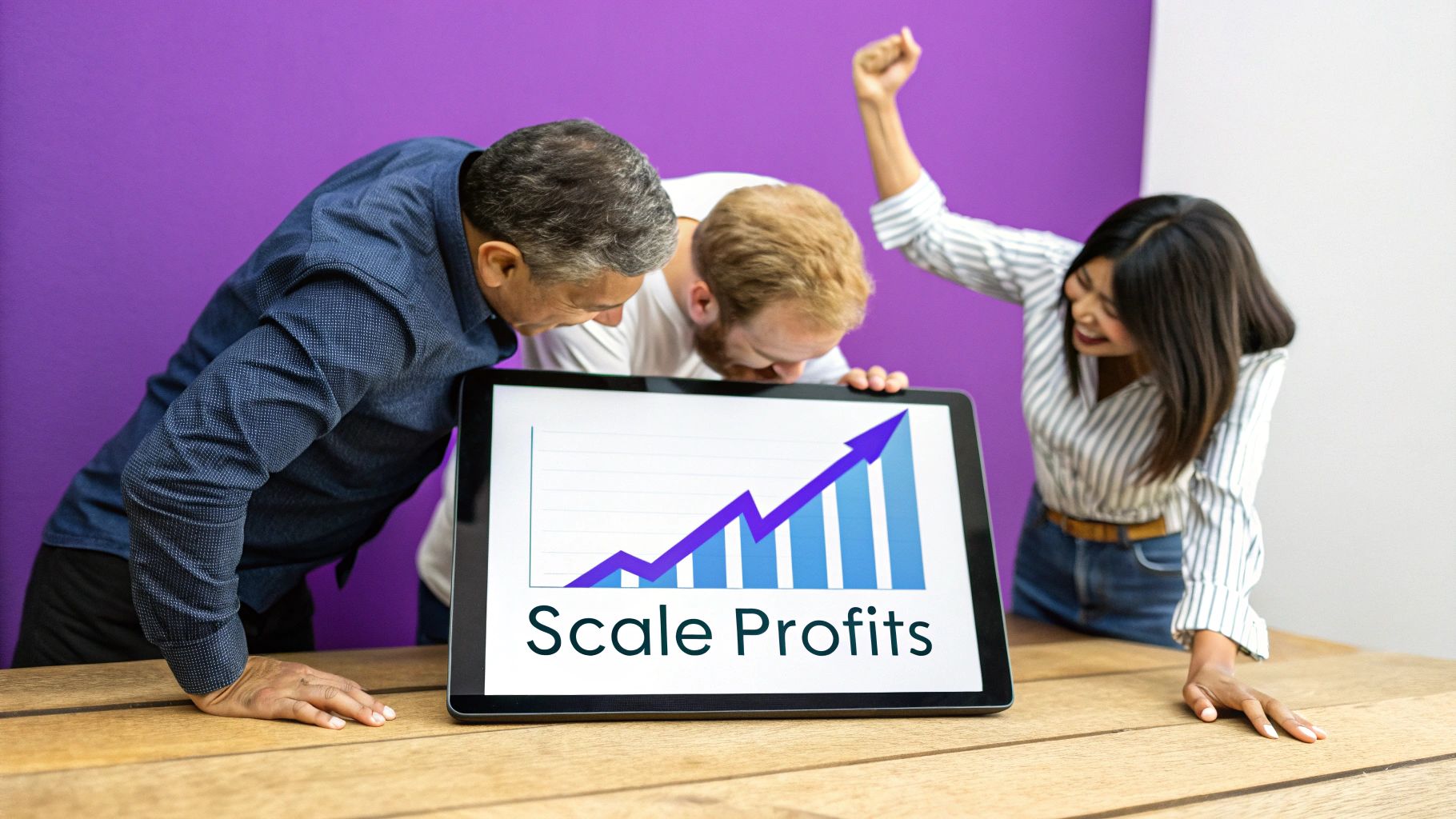 Three diverse business people celebrate scaling profits, looking at an upward trend chart on a tablet.