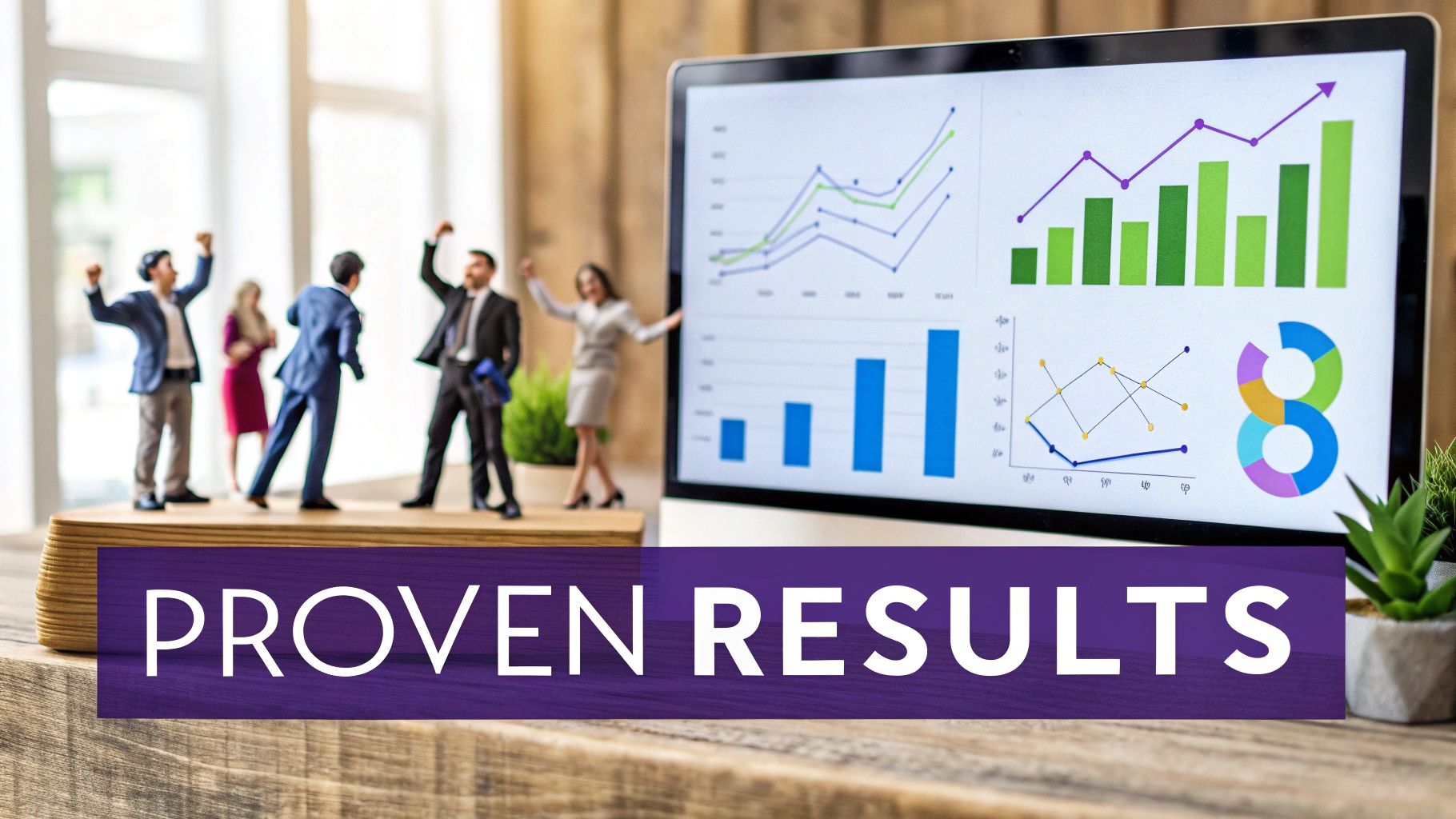 Miniature business people celebrating success with proven results and growth charts on a monitor.