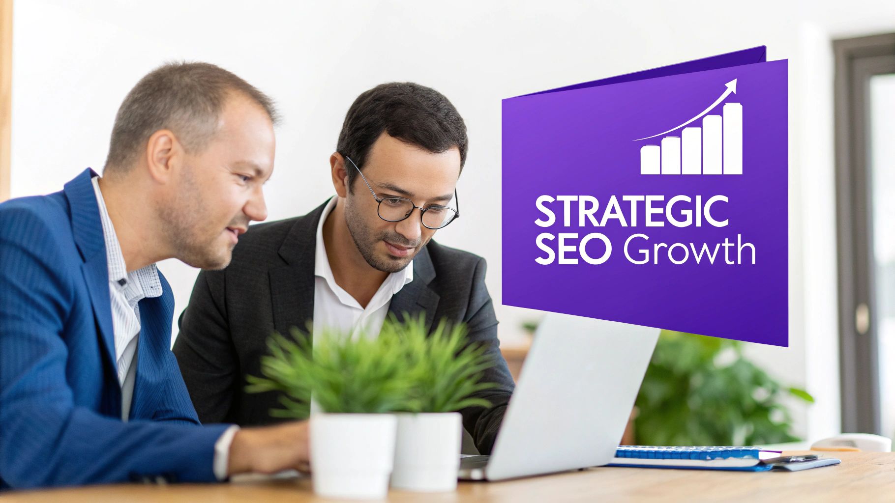 Two business professionals discussing strategic SEO growth while looking at a laptop screen.