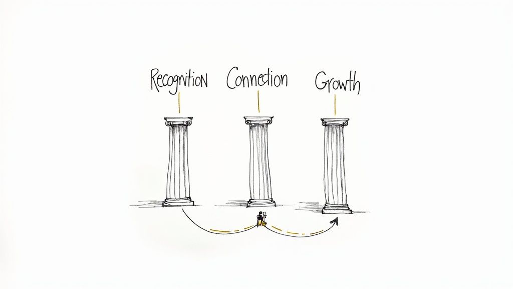 Illustration of three pillars representing Recognition, Connection, and Growth, with a journey path below.