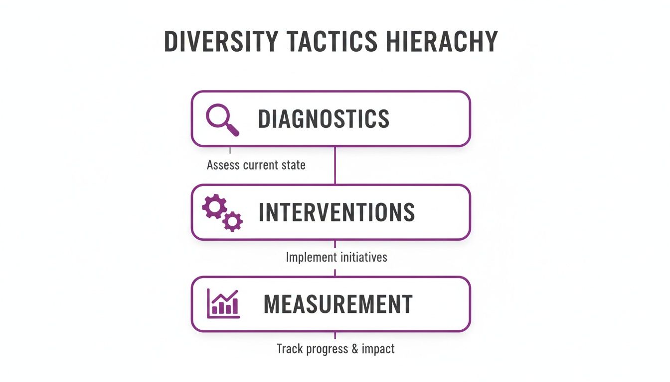 A diversity tactics hierarchy diagram with three steps: diagnostics, interventions, and measurement for progress tracking.
