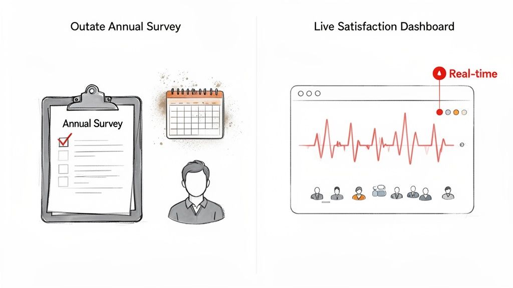 Comparison between an outdated annual survey process and a live, real-time satisfaction dashboard.
