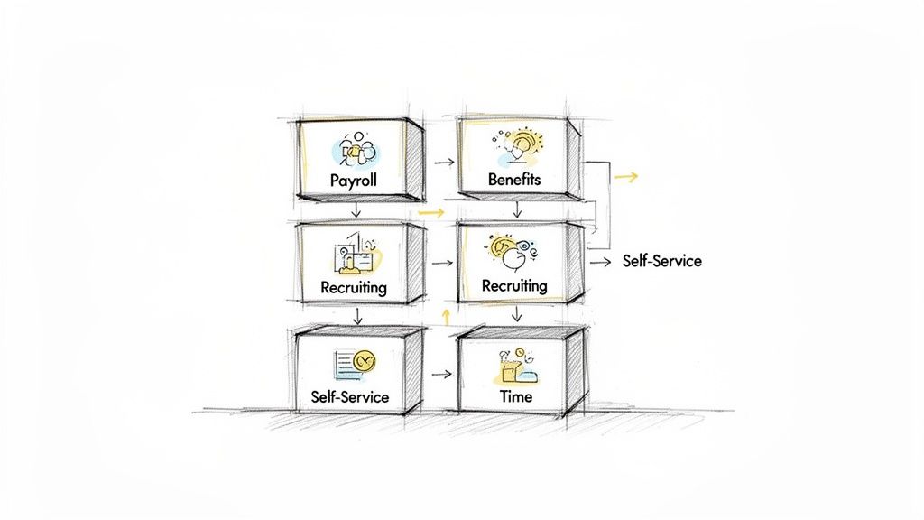 Diagram illustrating interconnected HR system modules: Payroll, Benefits, Recruiting, Self-Service, and Time.