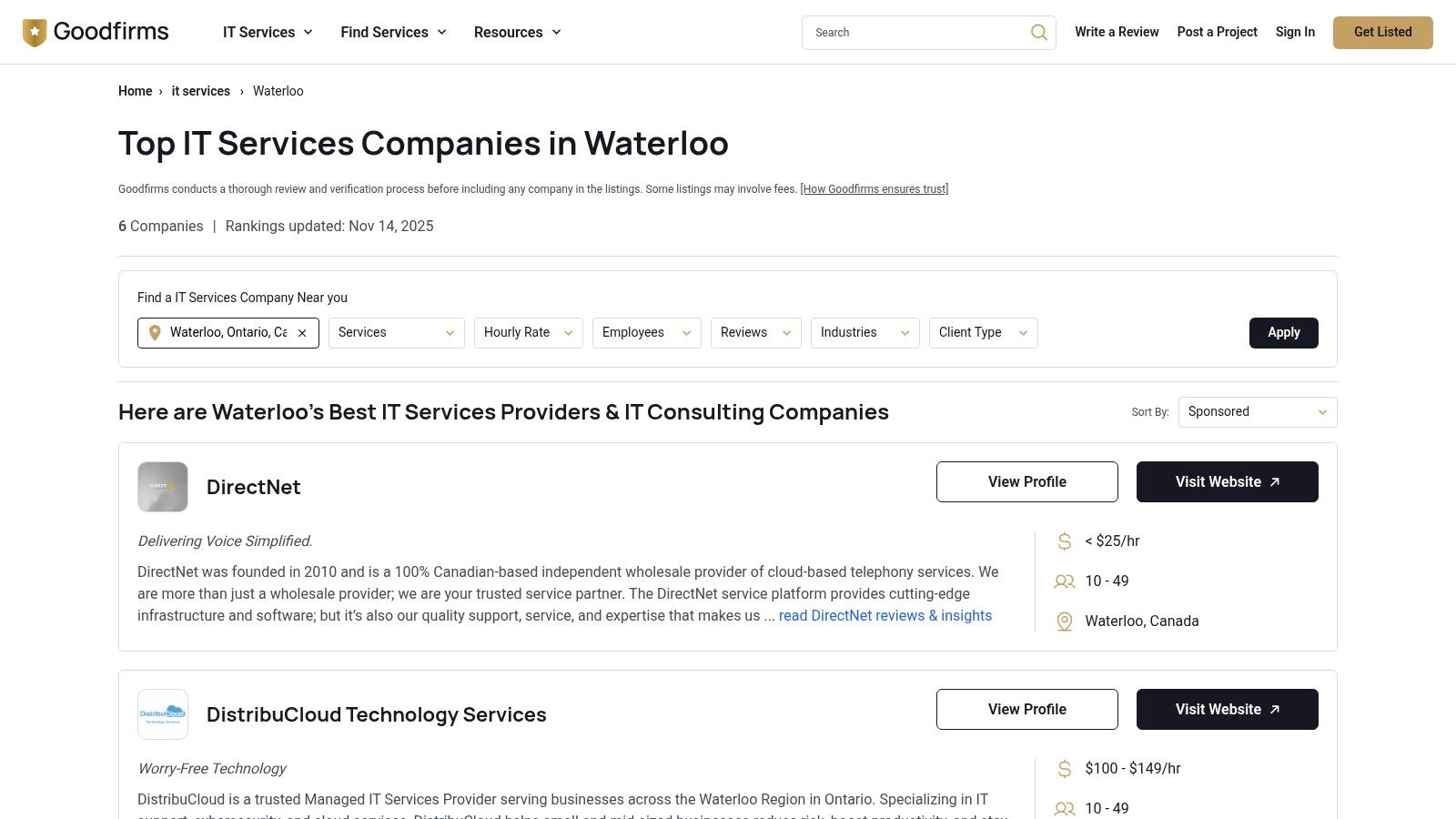 A screenshot of the GoodFirms website showing a list of top IT companies in Waterloo, with filter options like hourly rate and company size.