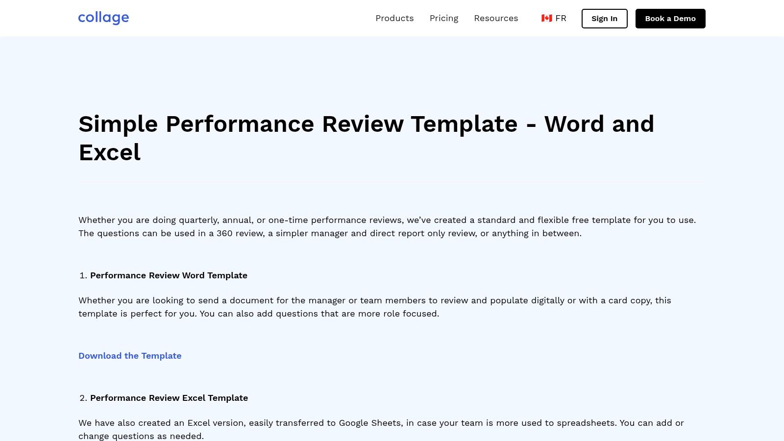 Collage (Canada) performance review template page