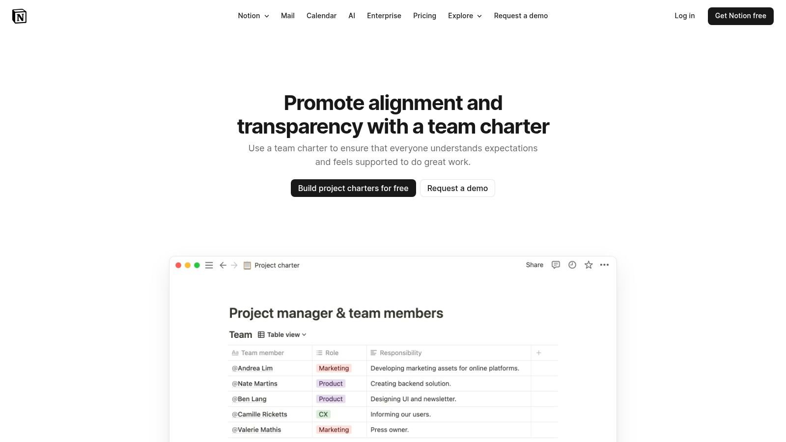 Notion's team charter example