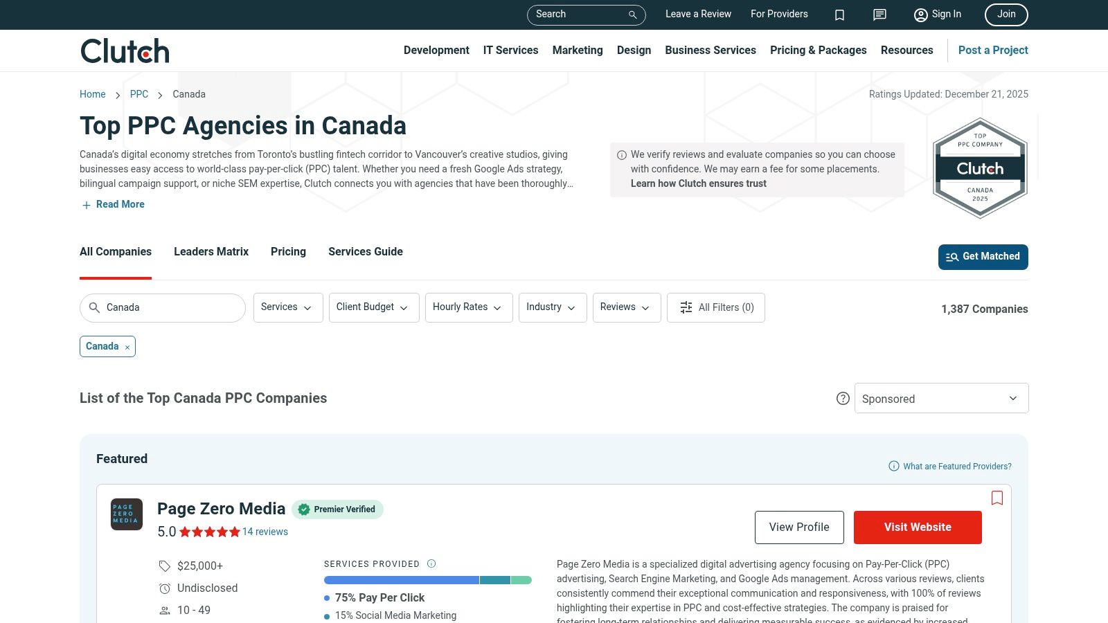 The Clutch website showing PPC agency listings with reviews and ratings