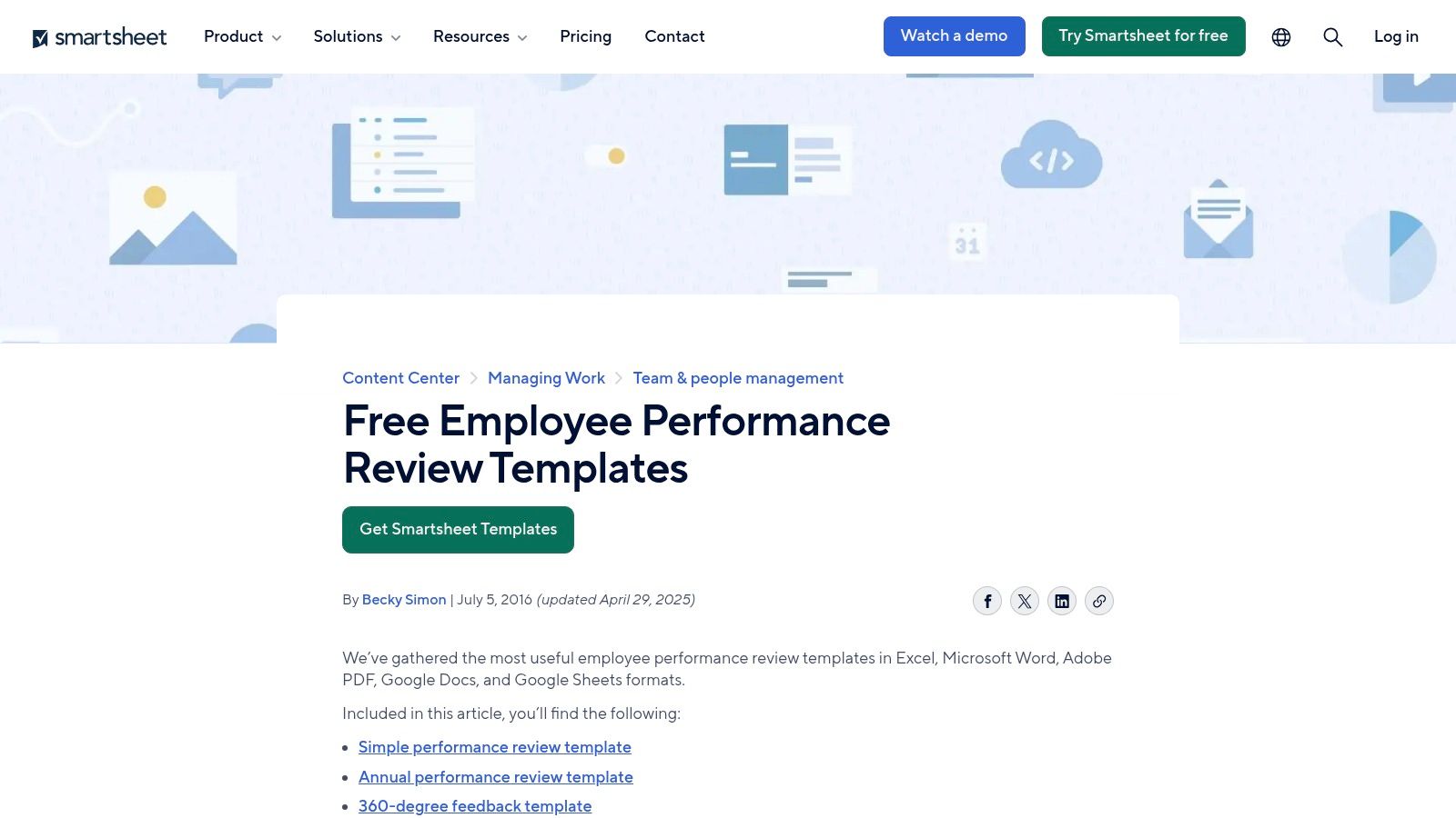 Smartsheet performance review templates page