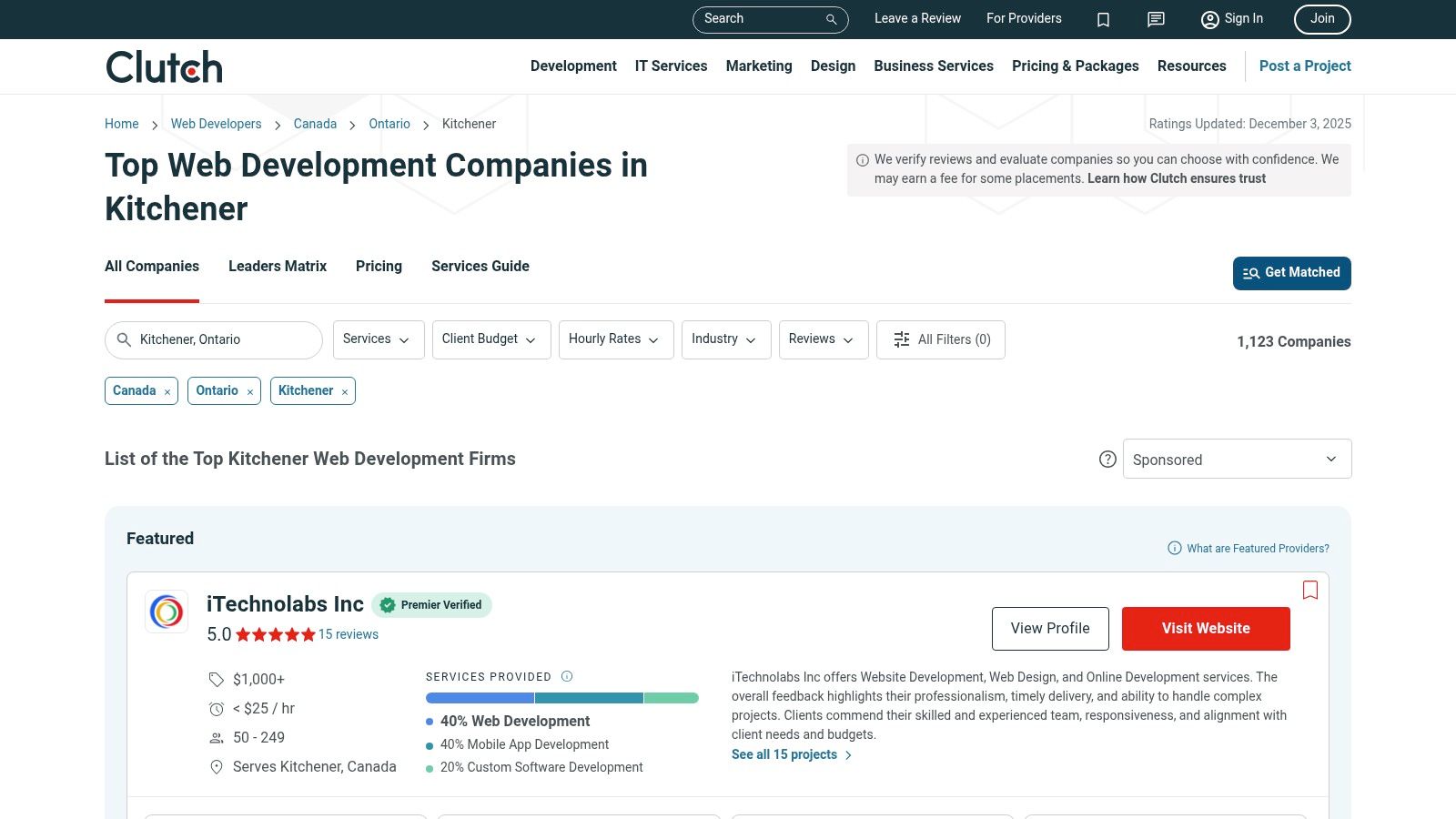 A screenshot of the Clutch website showing a listing of IT service providers in the Kitchener area, with filters and sorting options visible.