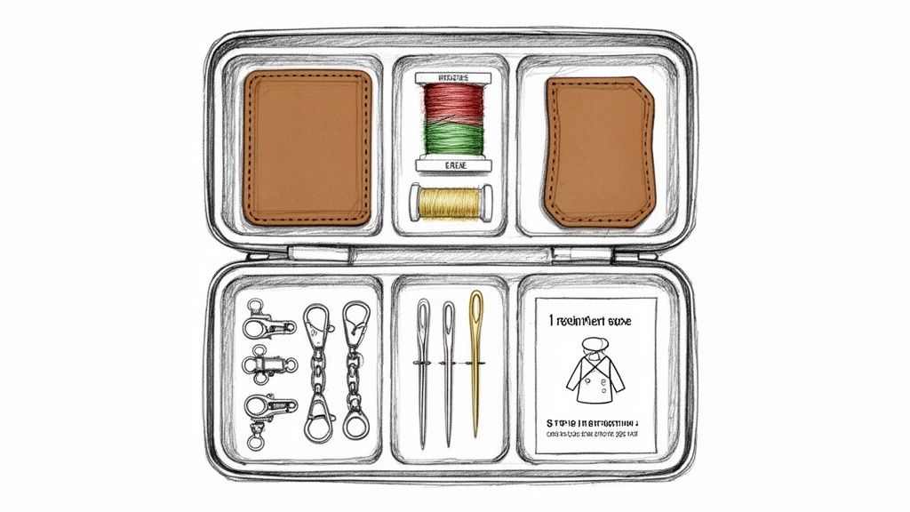 An open sewing kit organized with brown patches, colorful threads, metal clasps, and sewing needles.