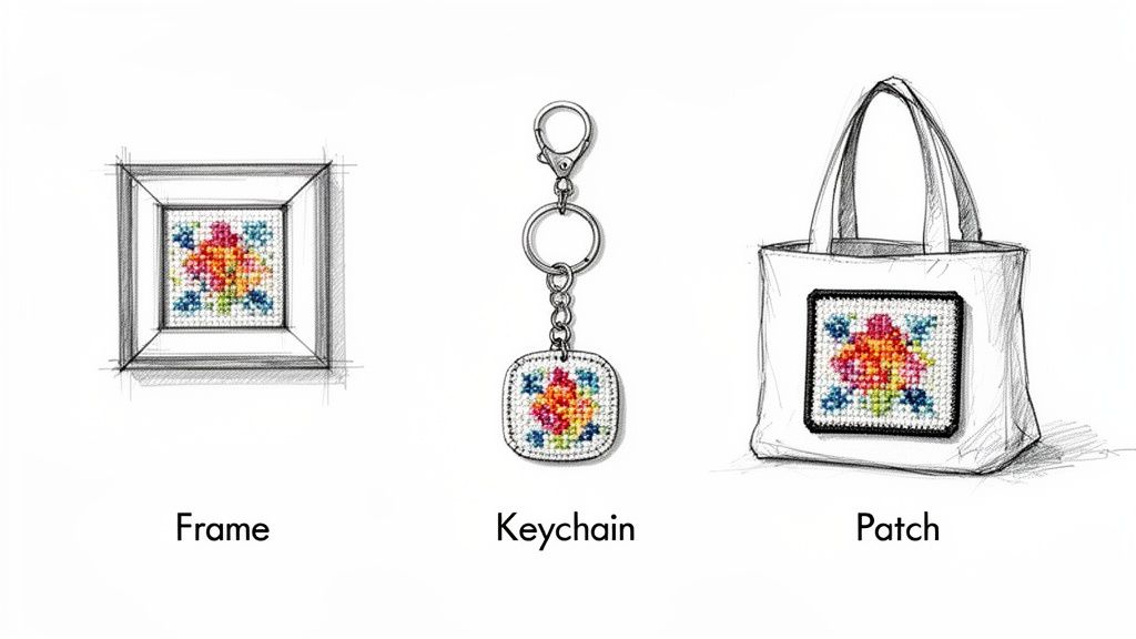 Three items featuring a colorful floral cross-stitch pattern: a framed piece, a keychain, and a patch on a tote bag.