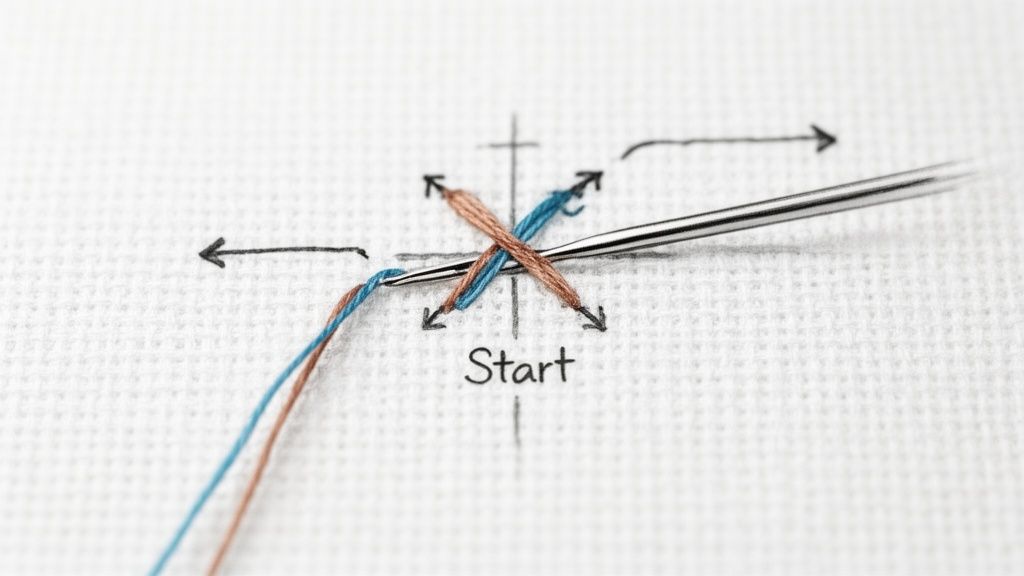 A detailed view of cross stitch instructions with two colored threads crossing over a 'Start' mark.