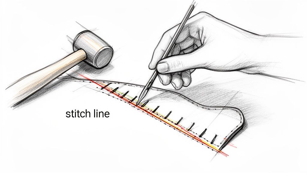 A sketch shows a hand using an awl to punch holes in leather for hand sewing, with a hammer nearby.