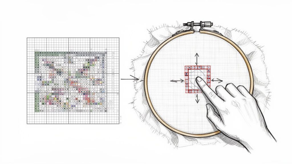 A visual guide showing a cross-stitch pattern chart and a hand selecting a section on an embroidery hoop.