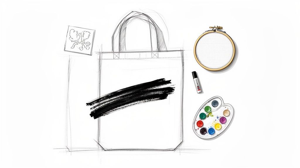 A drawing showing a tote bag, embroidery hoop, paint palette, marker, and sketch, representing craft supplies.