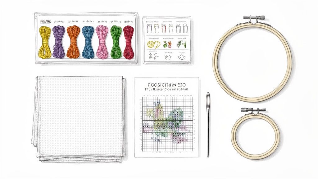 A flat lay of various cross-stitch kit supplies including colorful floss, fabric, hoops, needle, and patterns.