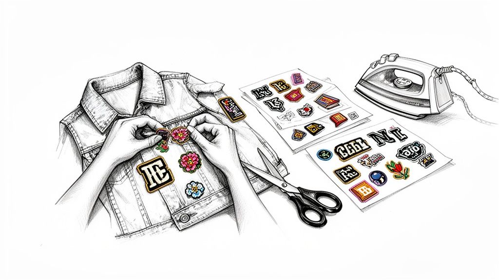 Hands apply colorful embroidered patches to a denim jacket, with iron-on patches, scissors, and an iron on the table.