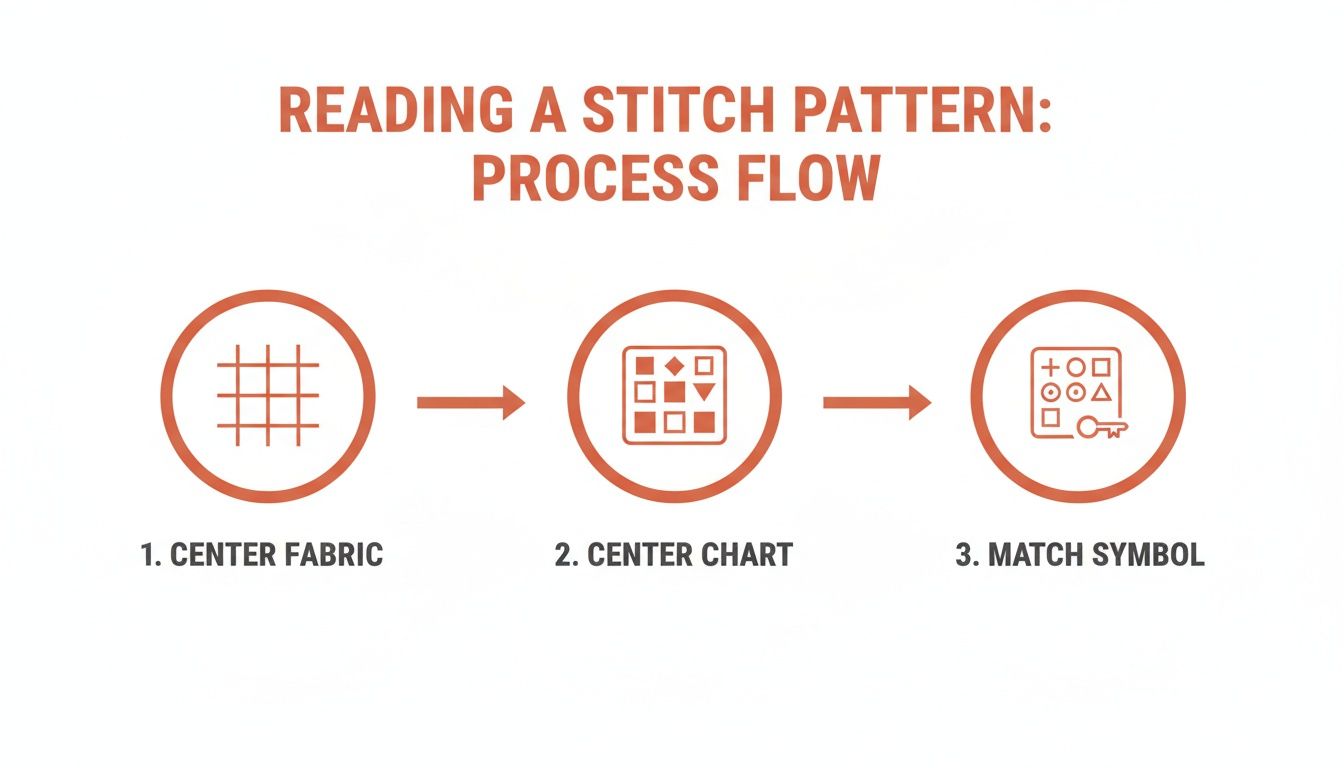 Clear diagram outlining the three-step process for reading a stitch pattern for crafting.