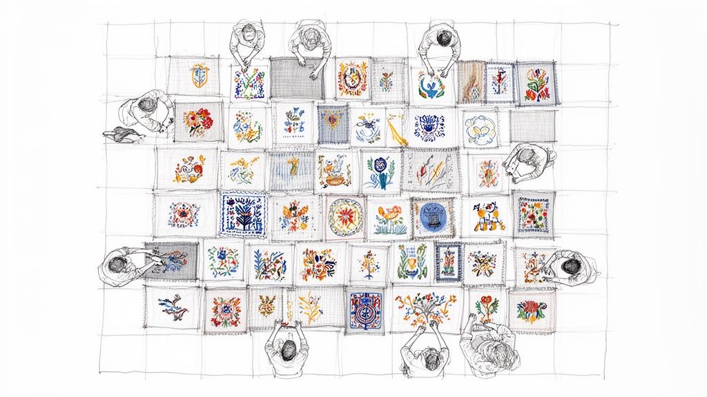 Overhead view of several people assembling a large quilt from colorful embroidered squares.