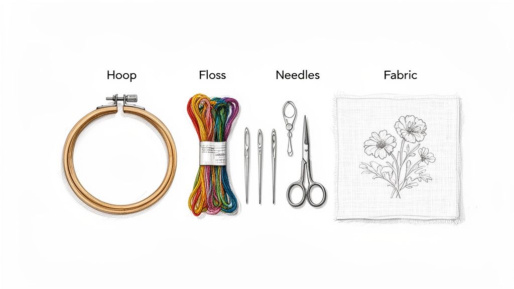 Embroidery kit essentials laid out on a white background, including hoop, colorful floss, needles, and fabric with a floral design.