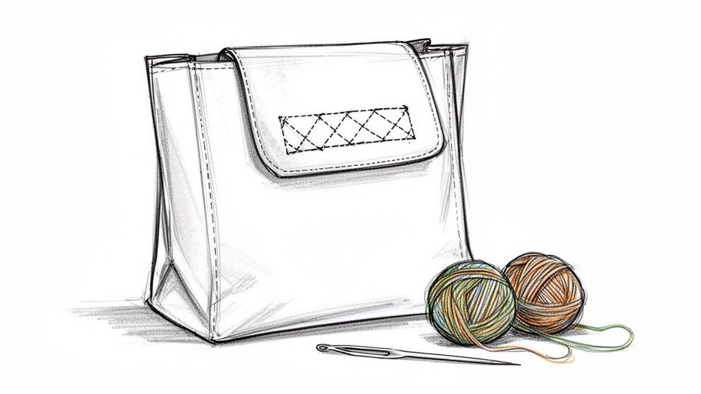 A detailed sketch of a white canvas tote bag with a flap, two balls of colorful yarn, and a crafting needle.