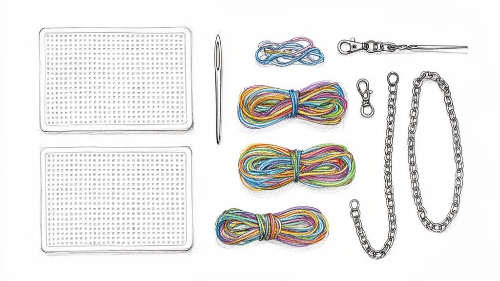 Crafting supplies featuring pegboards, a needle, colorful elastic bands, and metal chains.
